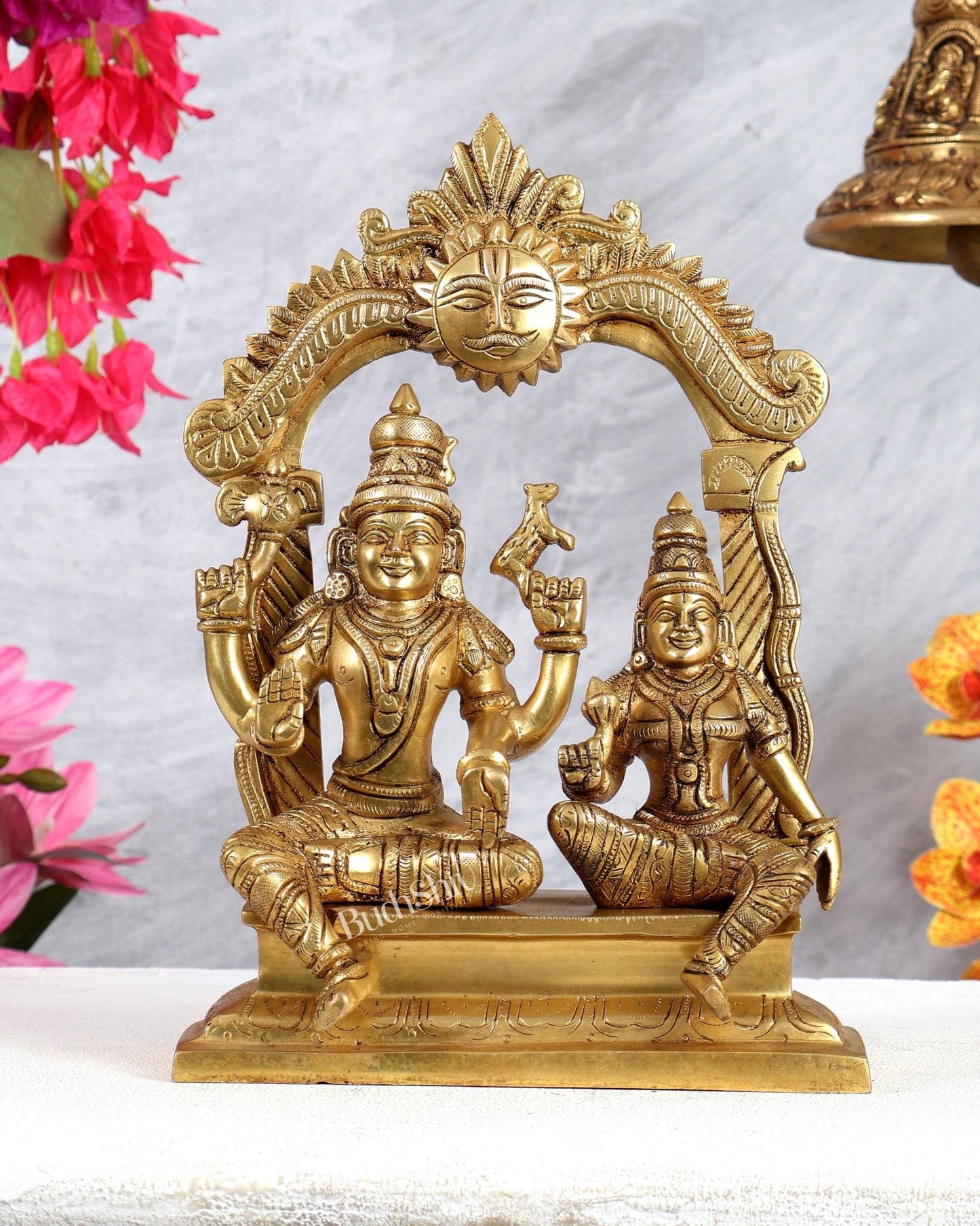 Brass Shiva Parvati Seated with Prabhavali 10.5 inch - Budhshiv.com