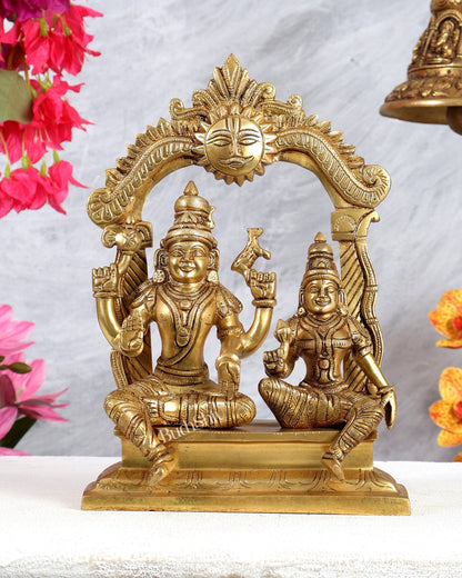 Brass Shiva Parvati Seated with Prabhavali 10.5 inch - Budhshiv.com