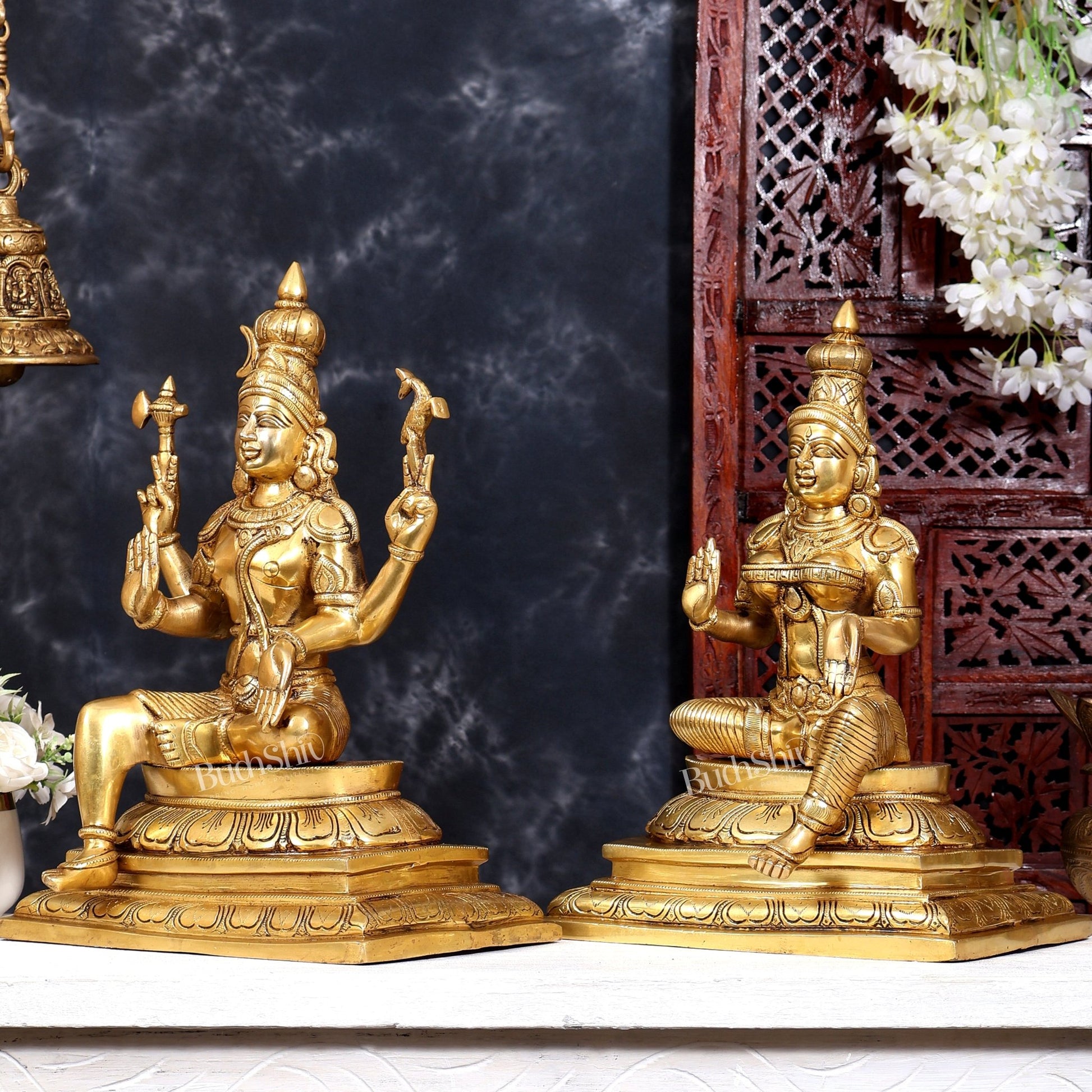 Brass Shiva & Parvati Sitting Statue | Uma Maheshwara 16.5 inch - Budhshiv.com