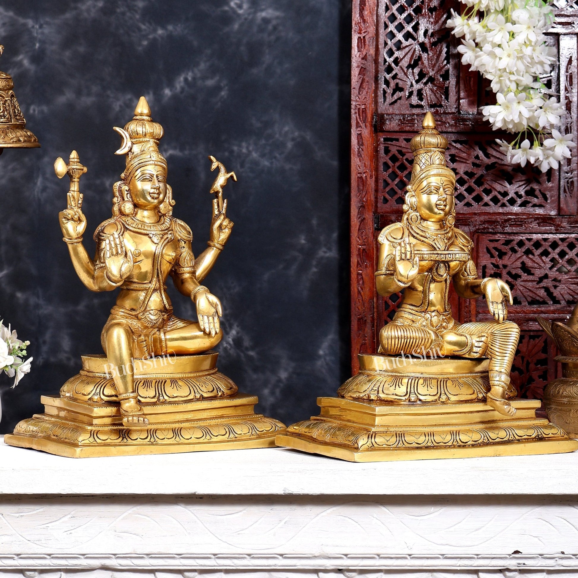 Brass Shiva & Parvati Sitting Statue | Uma Maheshwara 16.5 inch - Budhshiv.com