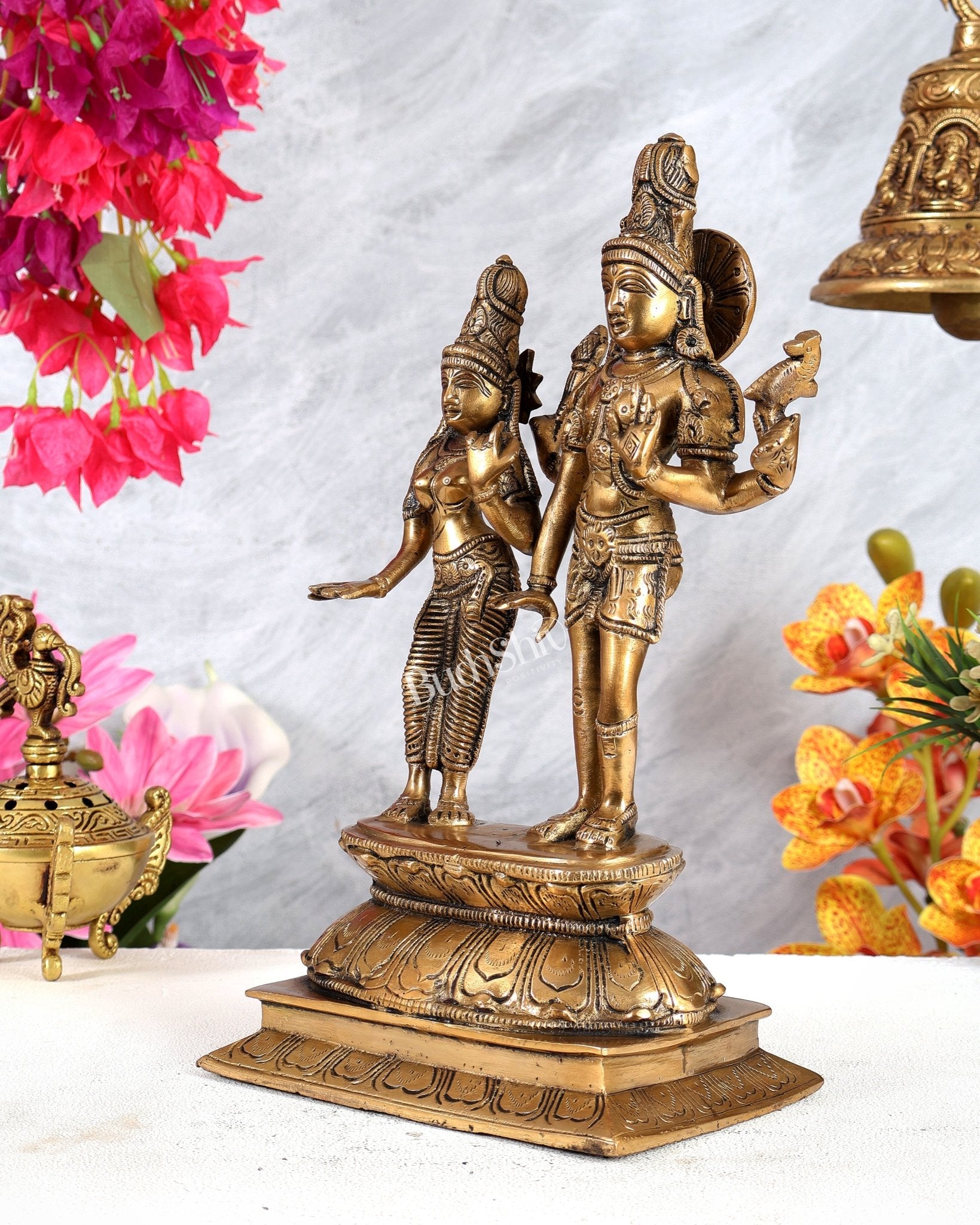 Brass Shiva Parvati Standing Idol – Divine Harmony & Eternal Union Sculpture 12 inch - Budhshiv.com