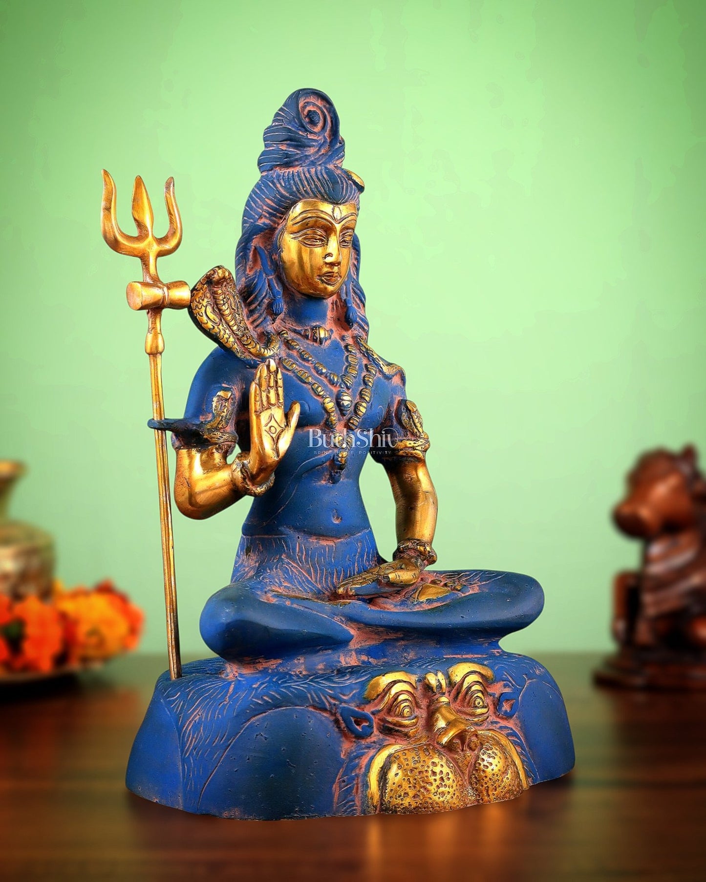 Brass Shiva Statue Duel tone blue sandfinish 13" - Budhshiv.com