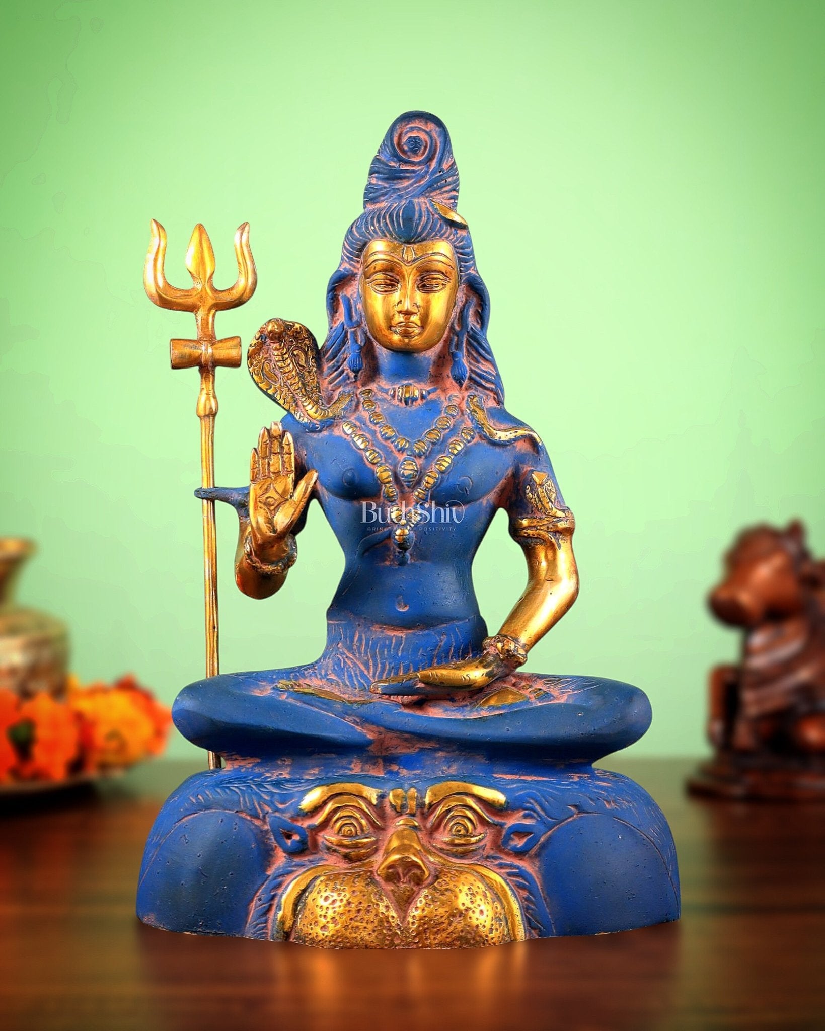 Brass Shiva Statue Duel tone blue sandfinish 13" - Budhshiv.com