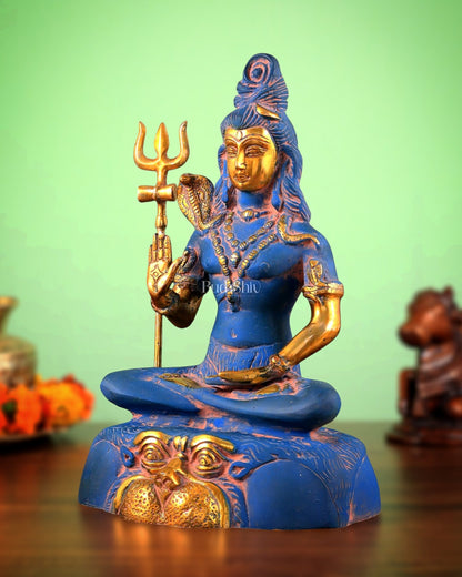 Brass Shiva Statue Duel tone blue sandfinish 13" - Budhshiv.com