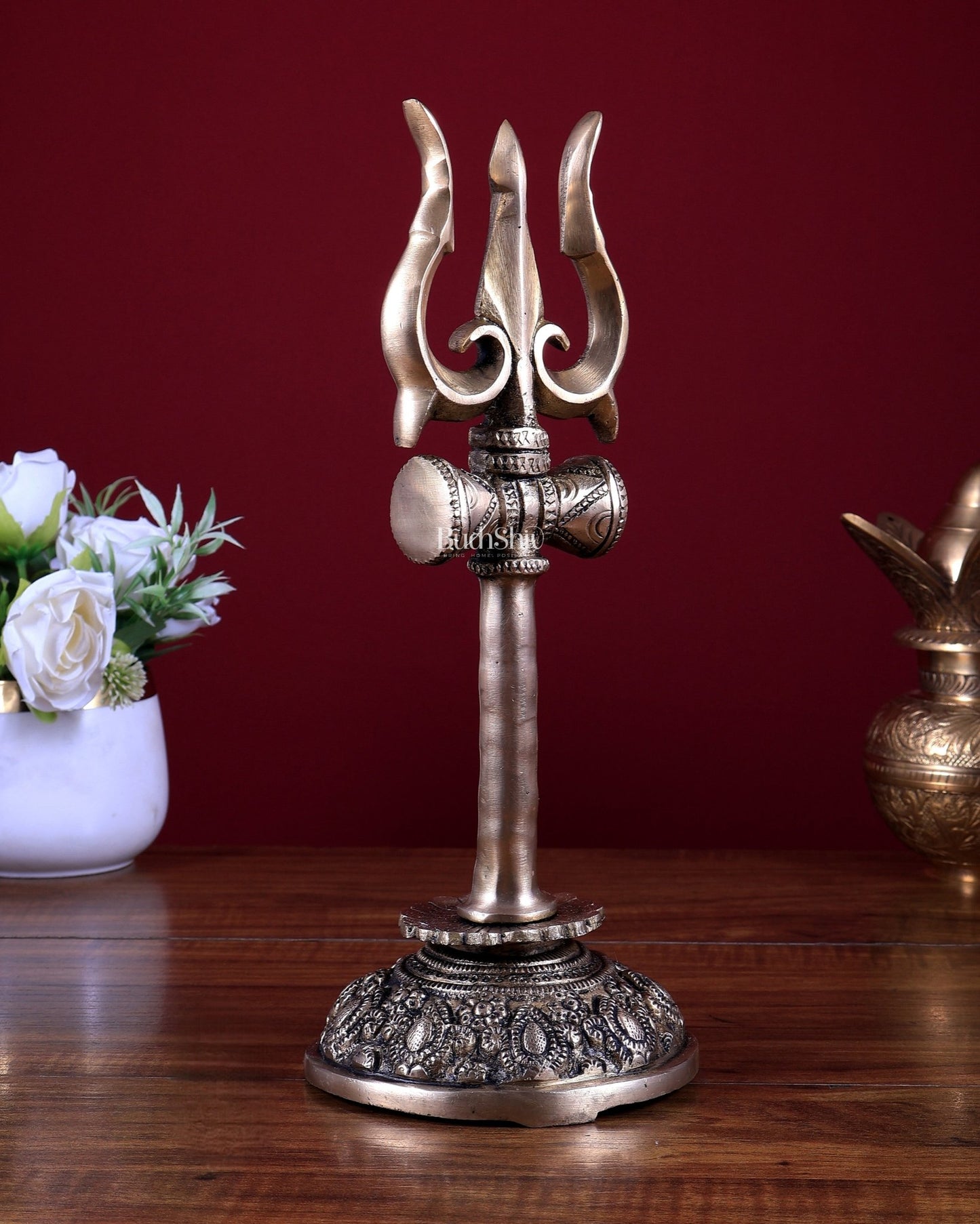 Brass Shiva Trishul Standing with Base – Table Top Spiritual Artefact 11.5 inch - Budhshiv.com