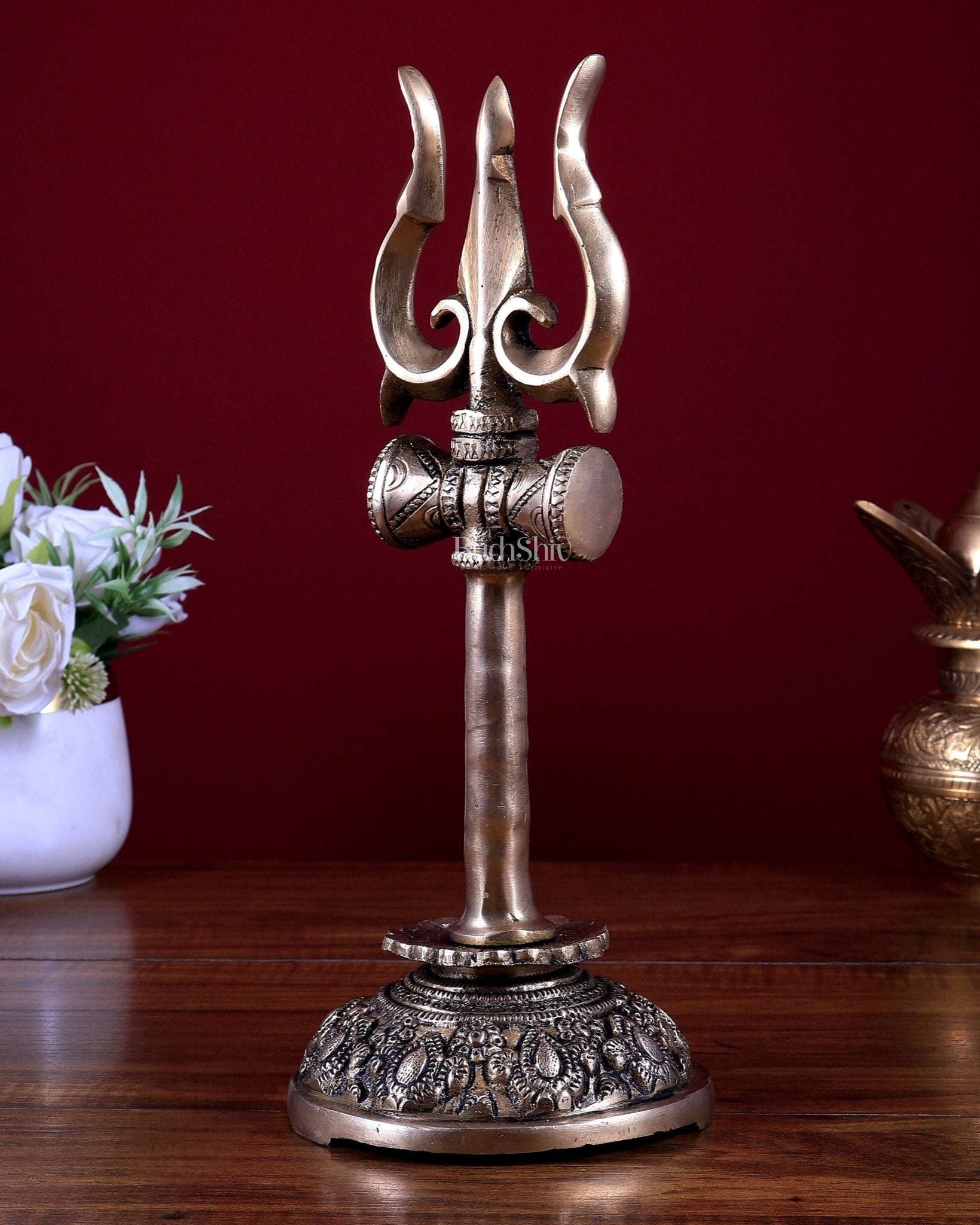 Brass Shiva Trishul Standing with Base – Table Top Spiritual Artefact 11.5 inch - Budhshiv.com
