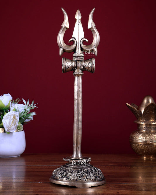 Brass Shiva Trishul Standing with Base – Table Top Spiritual Artefact 14.5 inch - Budhshiv.com