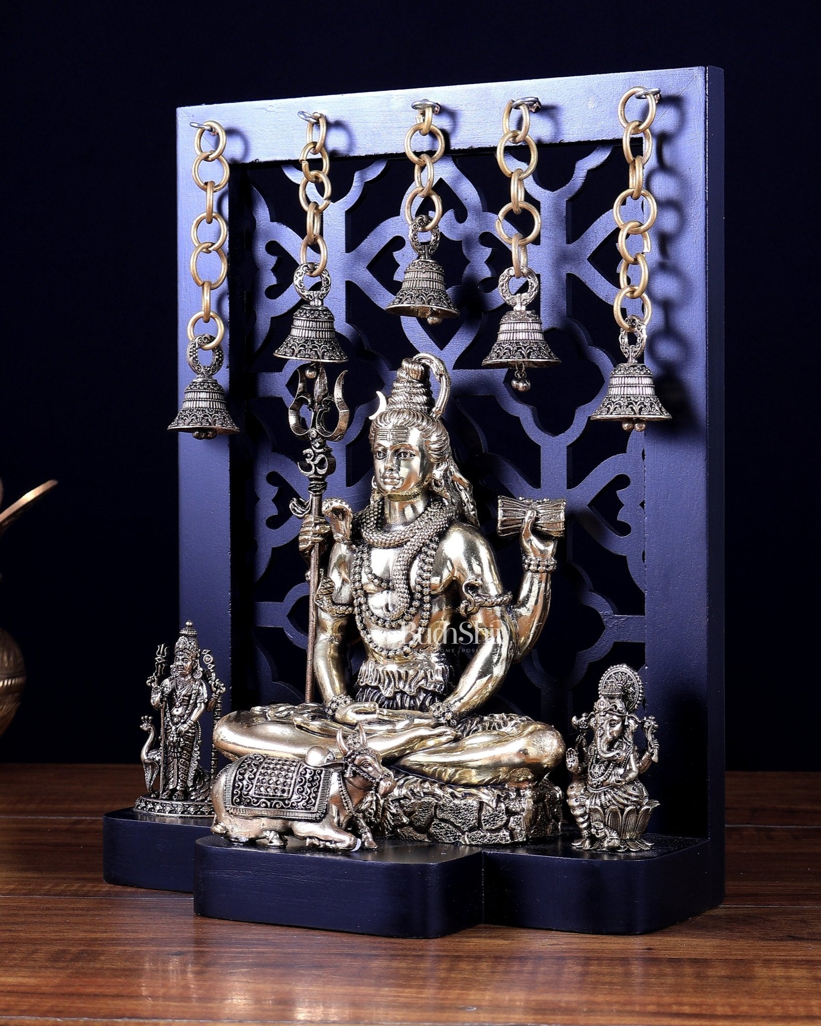 Brass Shiva with Kartikeya & Ganesha – Father–Son Divine Bond Idol on MDF Base 12 inch - Budhshiv.com