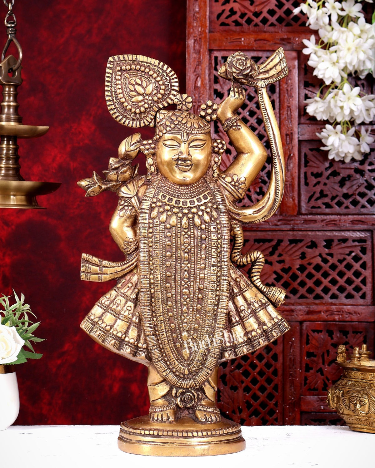 Brass Shrinath Ji Statue — Nathdwara Depiction, Shree Nath Ji Idol 18 inch - Budhshiv.com