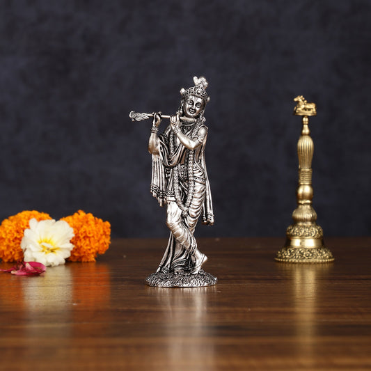 Brass silver plated Superfine Intricate Krishna Idol - 6" Height - Budhshiv.com