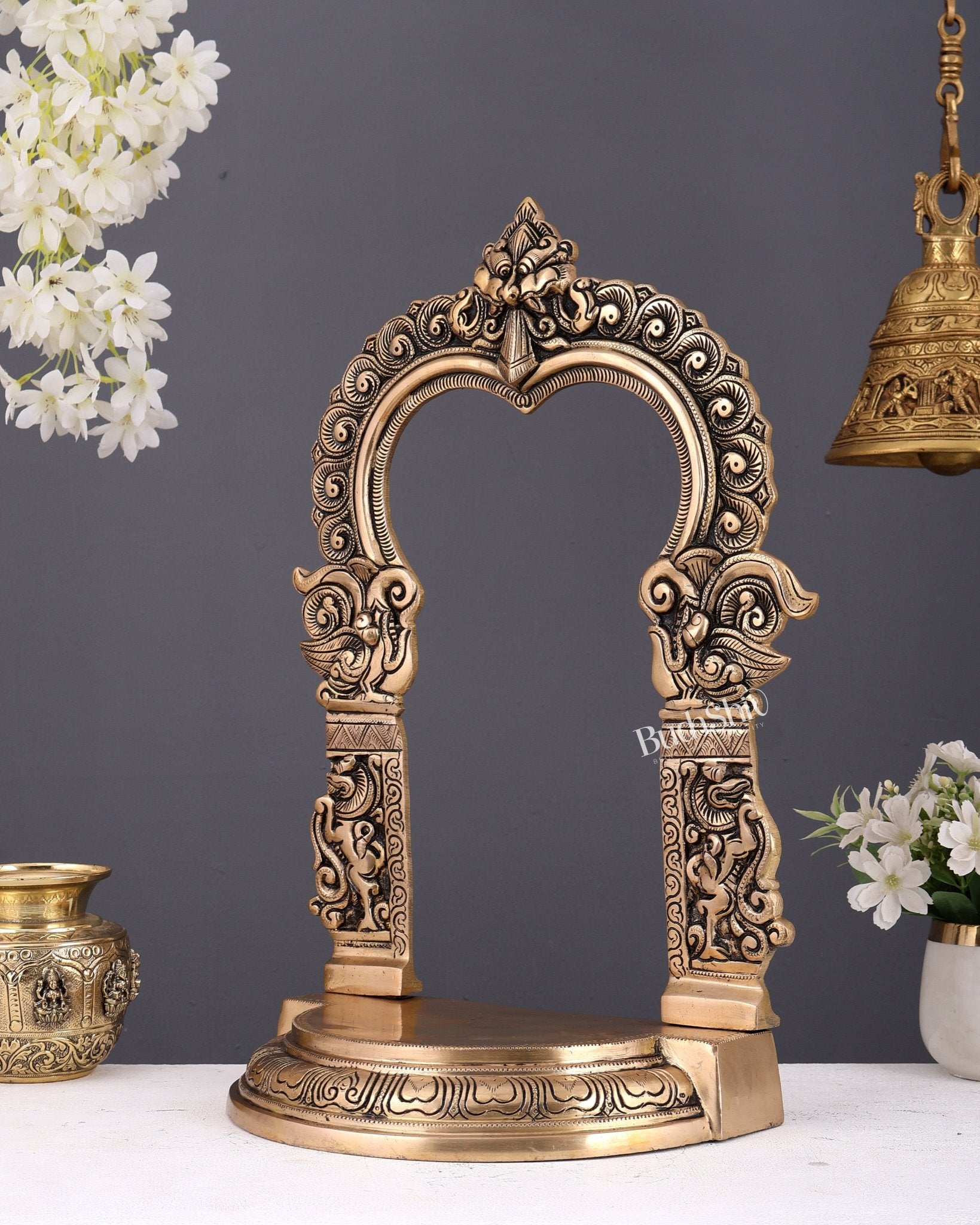 Brass Singhasan with Kirtimukha Prabhavali – Divine Peeta Chowki for God Idols (18 Inches) - Budhshiv.com