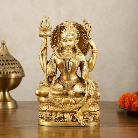 Brass sitting Ardhanarishwara Statue - Lord Shiva and Goddess Parvati Sculpture - 9.5 inch - Budhshiv.com