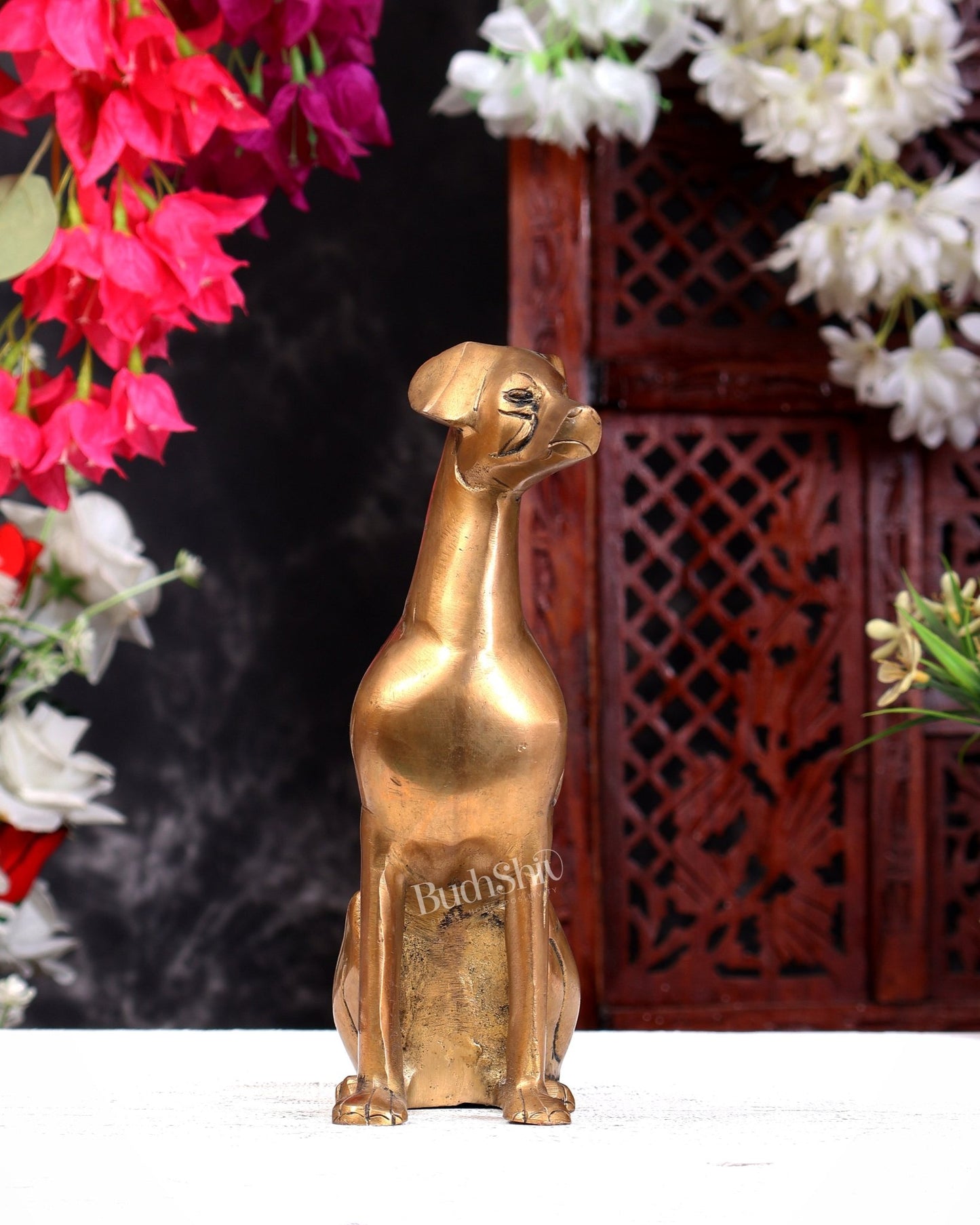Brass Sitting Dog Statue | Vastu Approved Decorative Showpiece 7 inch - Budhshiv.com