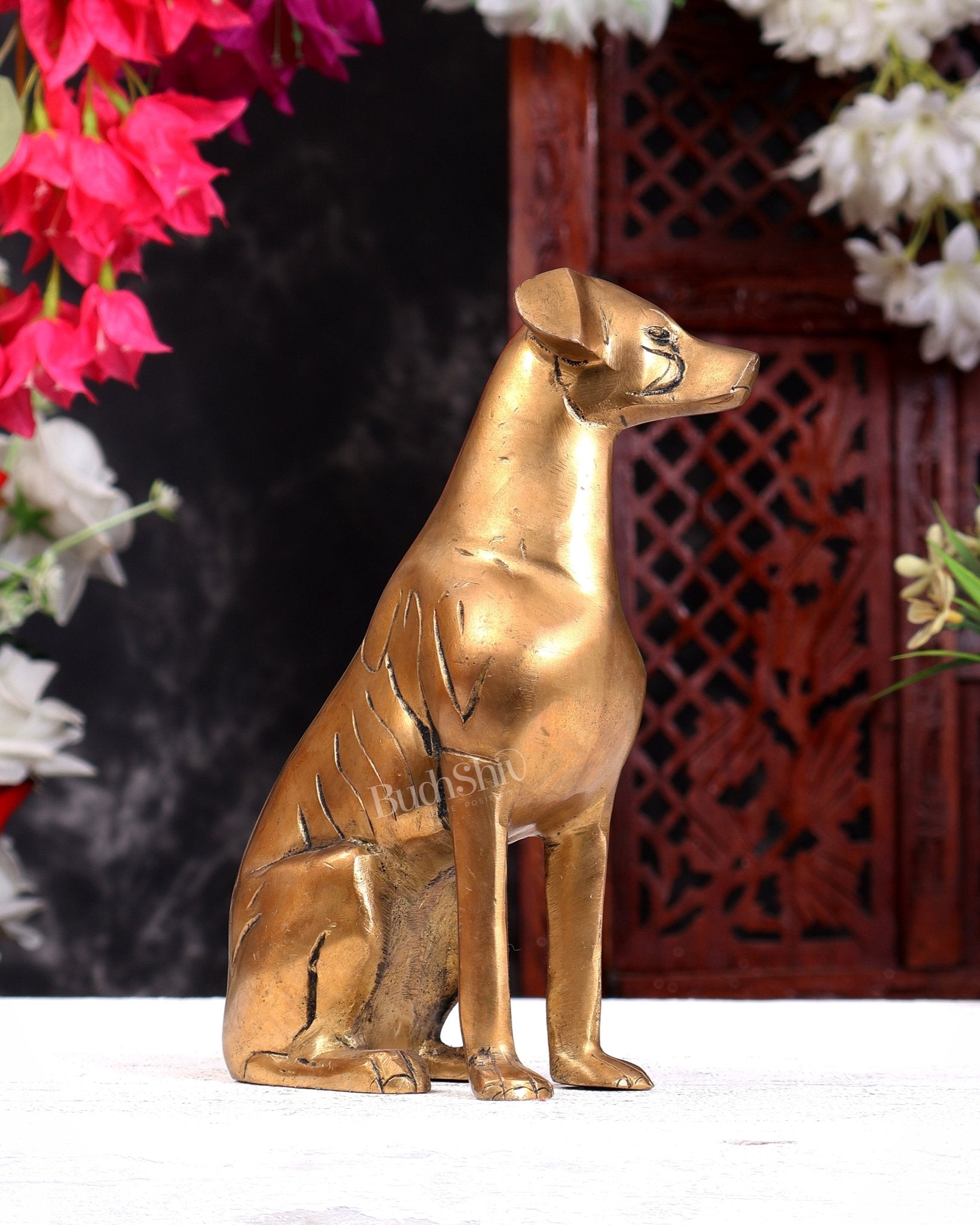 Brass Sitting Dog Statue | Vastu Approved Decorative Showpiece 7 inch - Budhshiv.com