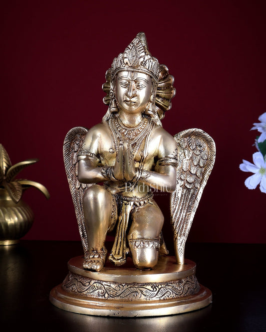 Brass Sitting Garuda Dev in Namaskar Mudra – 9” Golden - Budhshiv.com
