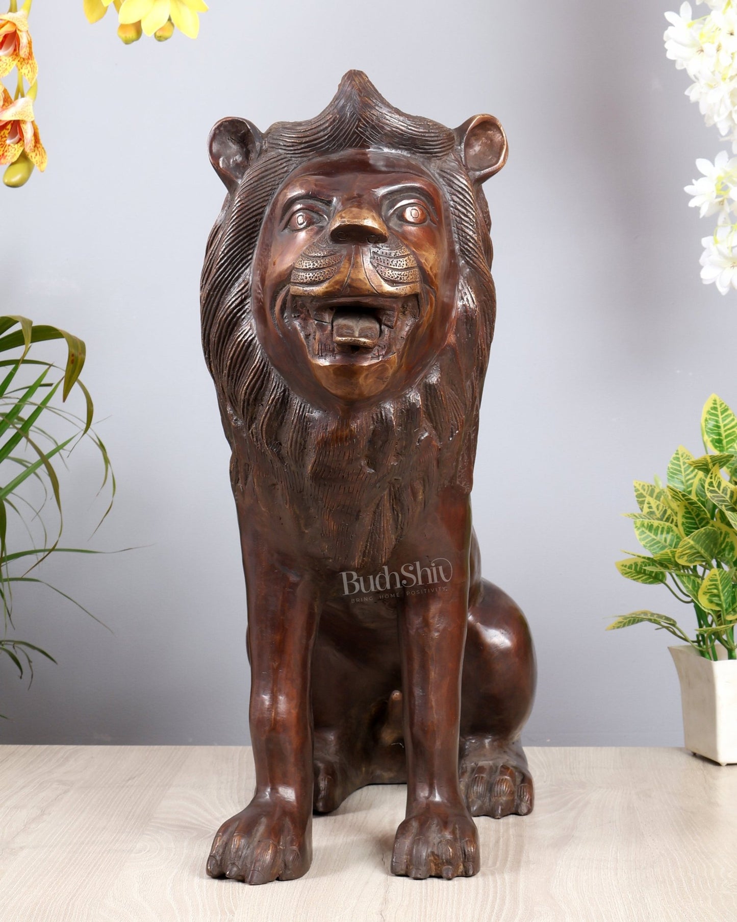 Brass Sitting Lion Large Statue – Antique Tone 23 inch - Budhshiv.com