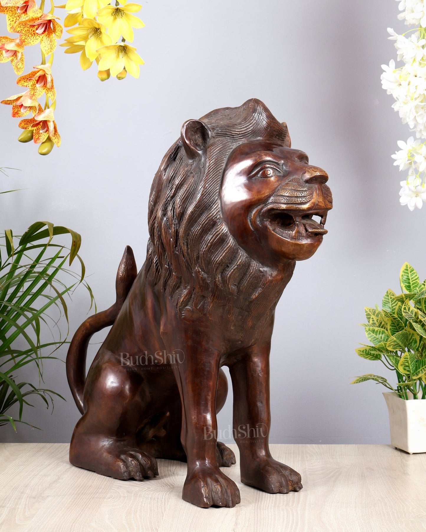 Brass Sitting Lion Large Statue – Antique Tone 23 inch - Budhshiv.com