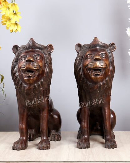 Brass Sitting Lion Large Statue pair – Antique Tone 23 inch - Budhshiv.com