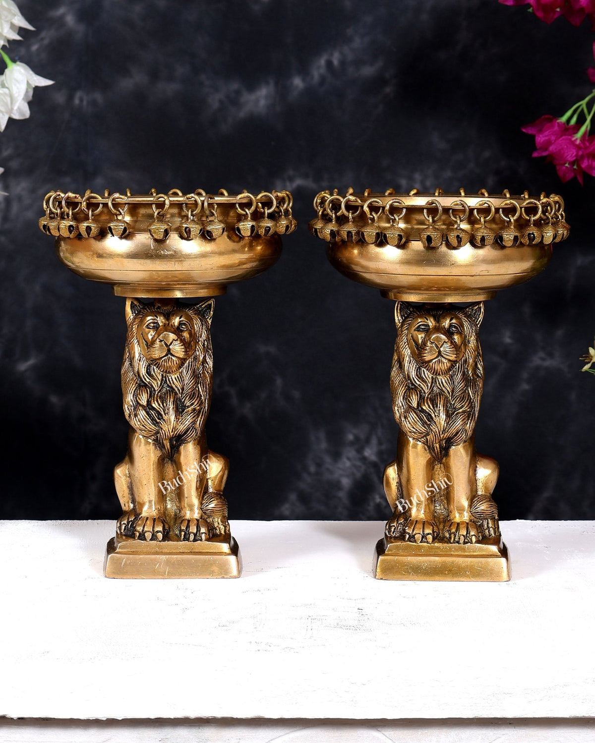 Brass Sitting Lion with Urli – Decorative & Auspicious Artefact 9.5 inch pair - Budhshiv.com