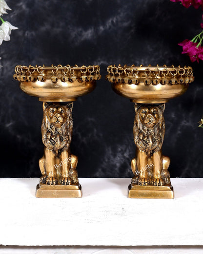 Brass Sitting Lion with Urli – Decorative & Auspicious Artefact 9.5 inch pair - Budhshiv.com