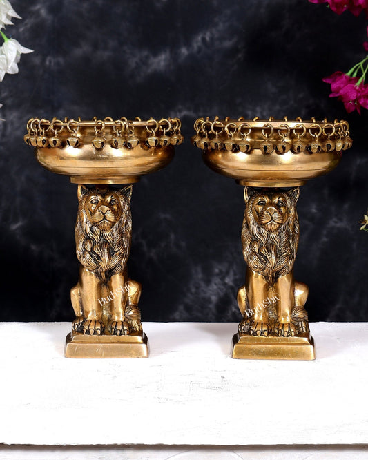Brass Sitting Lion with Urli – Decorative & Auspicious Artefact 9.5 inch pair - Budhshiv.com