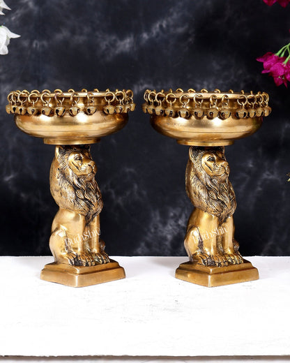 Brass Sitting Lion with Urli – Decorative & Auspicious Artefact 9.5 inch pair - Budhshiv.com