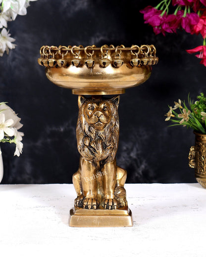 Brass Sitting Lion with Urli – Decorative & Auspicious Artefact 9.5 inch - Budhshiv.com
