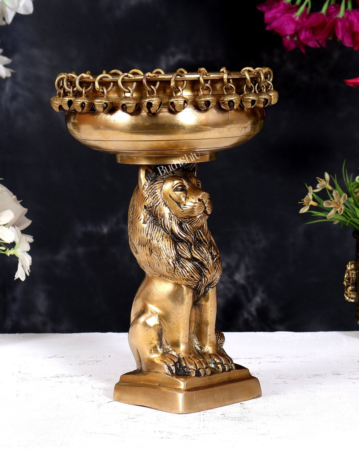 Brass Sitting Lion with Urli – Decorative & Auspicious Artefact 9.5 inch - Budhshiv.com