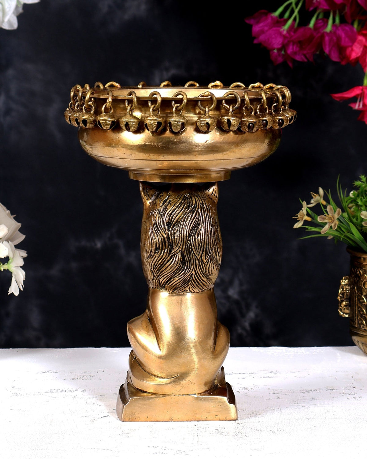 Brass Sitting Lion with Urli – Decorative & Auspicious Artefact 9.5 inch - Budhshiv.com