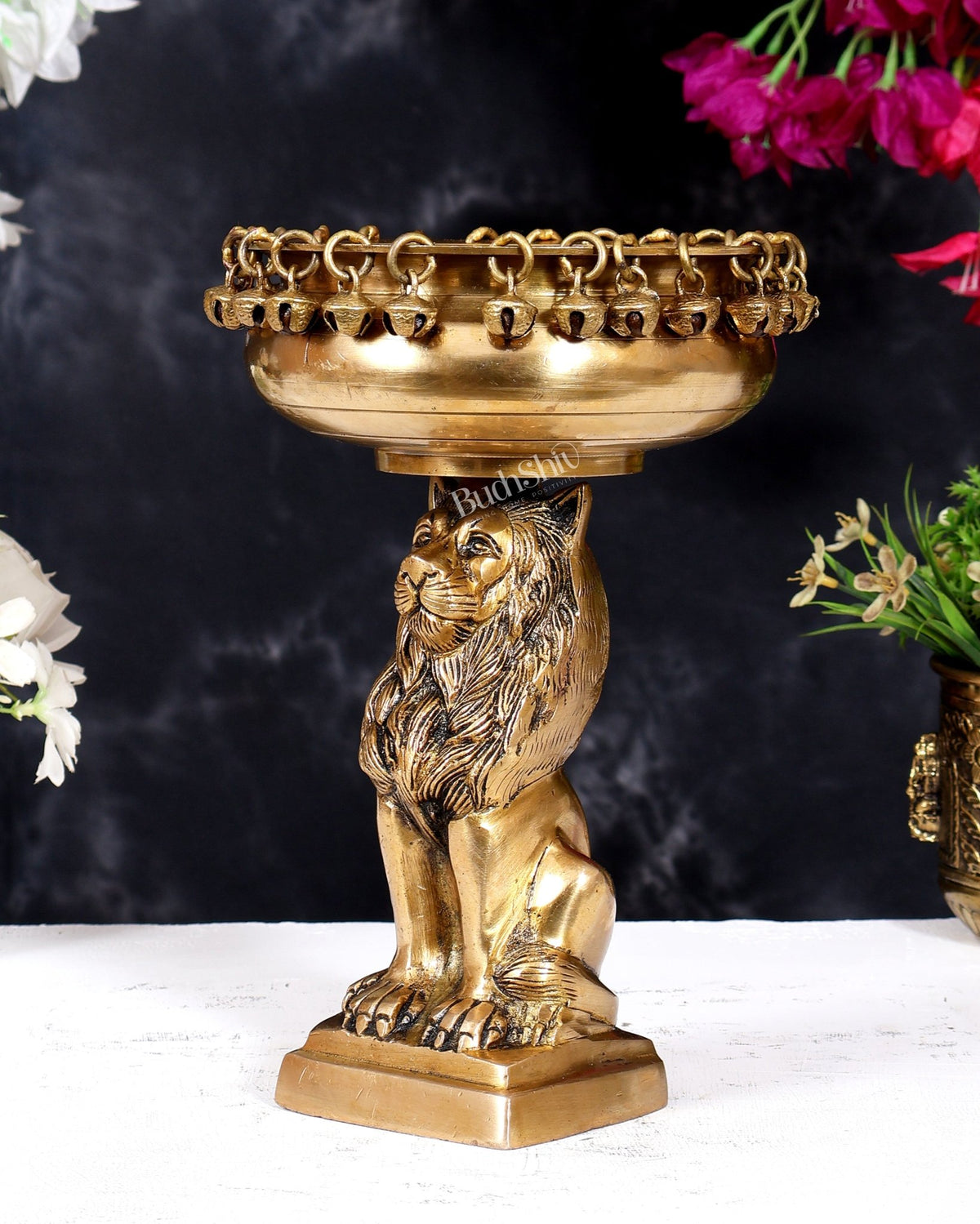 Brass Sitting Lion with Urli – Decorative & Auspicious Artefact 9.5 inch - Budhshiv.com