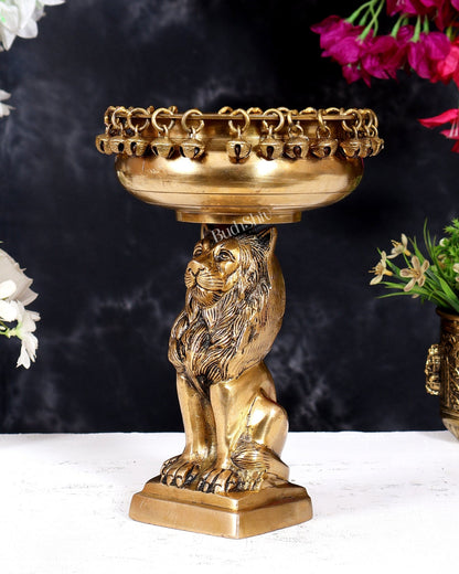 Brass Sitting Lion with Urli – Decorative & Auspicious Artefact 9.5 inch - Budhshiv.com