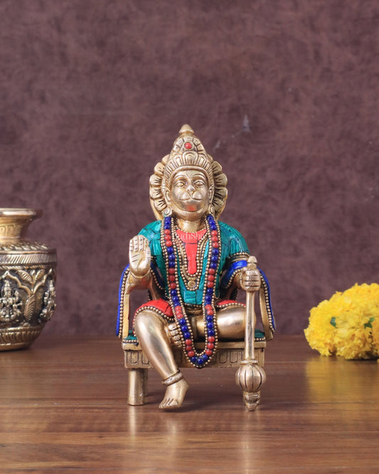Brass Sitting Lord Hanuman Statue - 6 Inch meenakari - Budhshiv.com