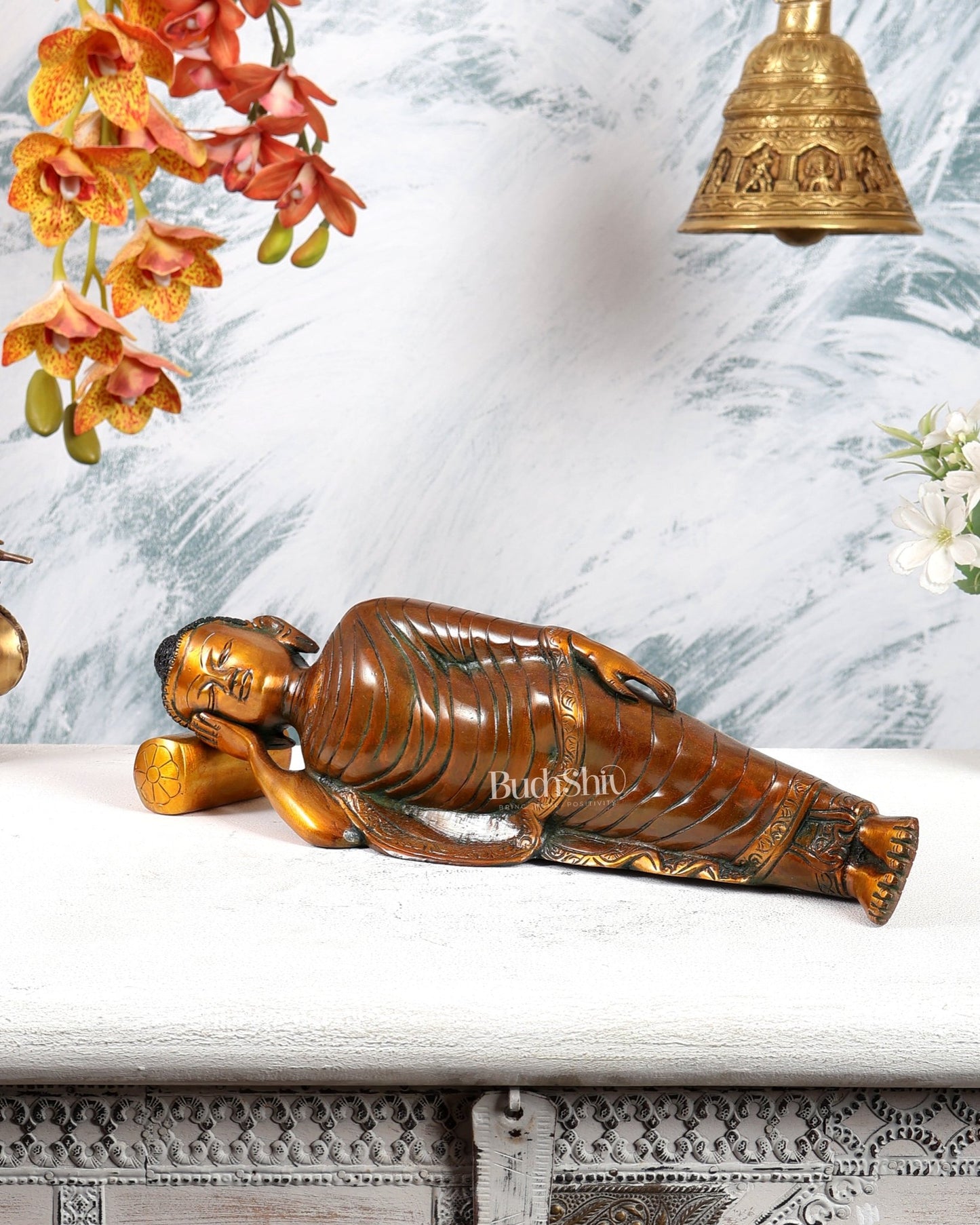 Brass Sleeping Buddha Statue – Double Chola Tone Peaceful Reclining Sculpture (13 Inches) - Budhshiv.com