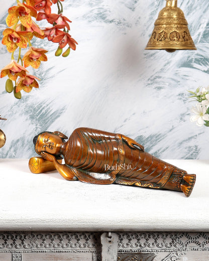 Brass Sleeping Buddha Statue – Double Chola Tone Peaceful Reclining Sculpture (13 Inches) - Budhshiv.com