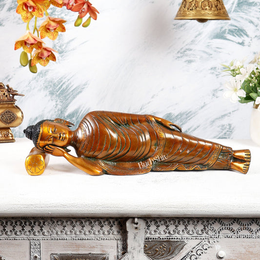 Brass Sleeping Buddha Statue – Double Chola Tone Peaceful Reclining Sculpture (13 Inches) - Budhshiv.com