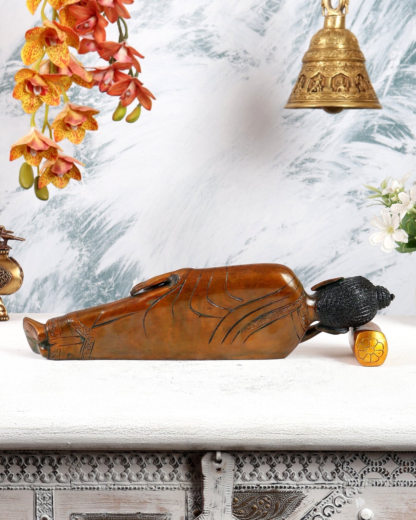 Brass Sleeping Buddha Statue – Double Chola Tone Peaceful Reclining Sculpture (13 Inches) - Budhshiv.com