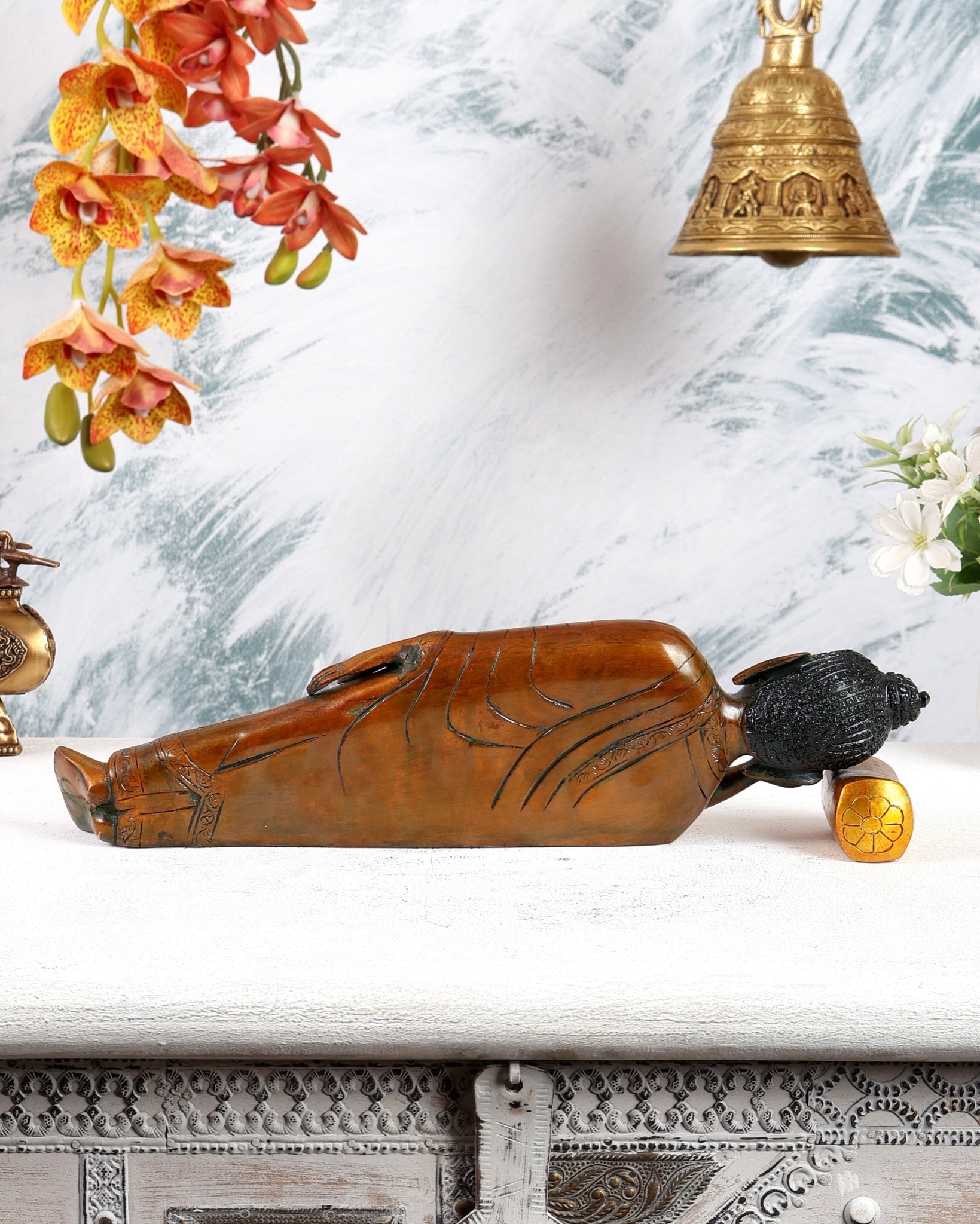 Brass Sleeping Buddha Statue – Double Chola Tone Peaceful Reclining Sculpture (13 Inches) - Budhshiv.com