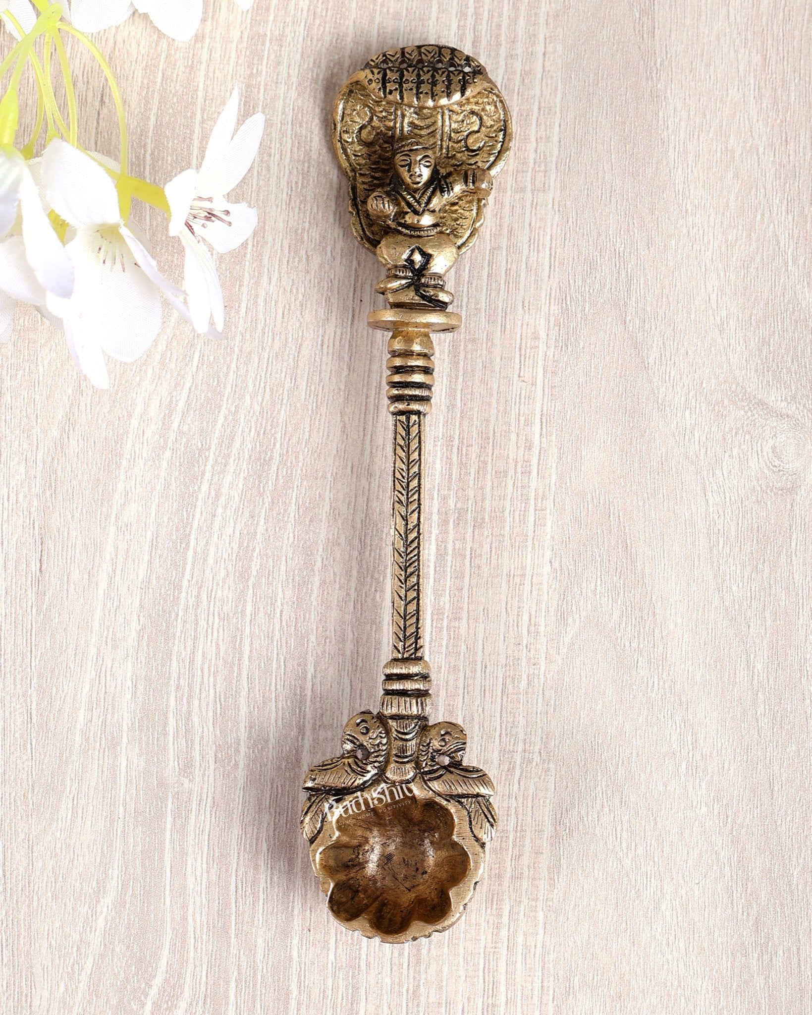 Brass Small Dancing Bala Krishna Gopal Hawan Spoon – Floral Bowl Sruva for Yagya (6 Inches) - Budhshiv.com