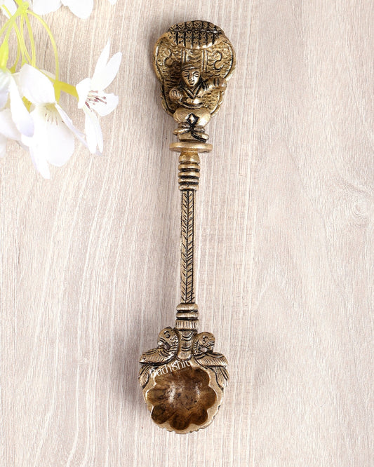 Brass Small Dancing Bala Krishna Gopal Hawan Spoon – Floral Bowl Sruva for Yagya (6 Inches) - Budhshiv.com