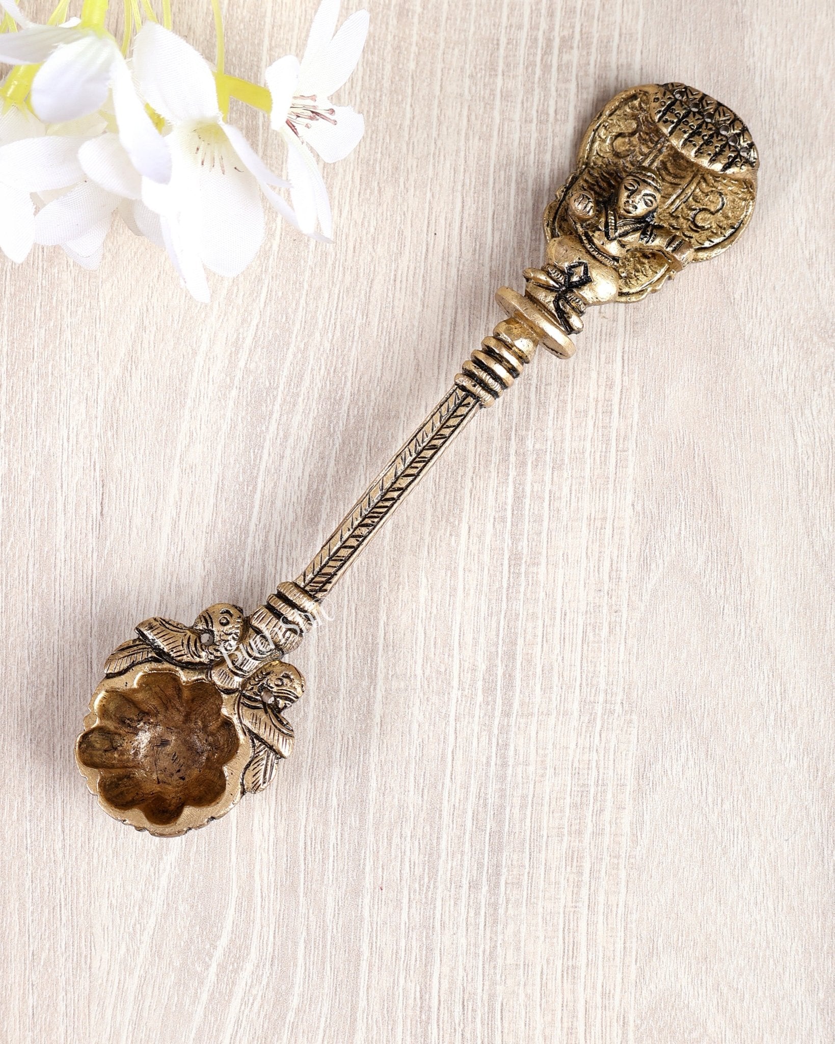 Brass Small Dancing Bala Krishna Gopal Hawan Spoon – Floral Bowl Sruva for Yagya (6 Inches) - Budhshiv.com