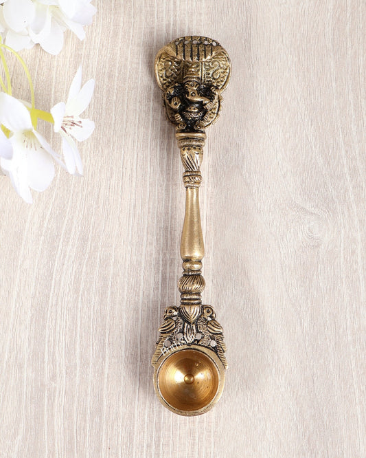 Brass Small Ganesha with Sheshanaag Design Hawan Spoon – Sruva Offering Ladle for Yagya (6 Inches) - Budhshiv.com