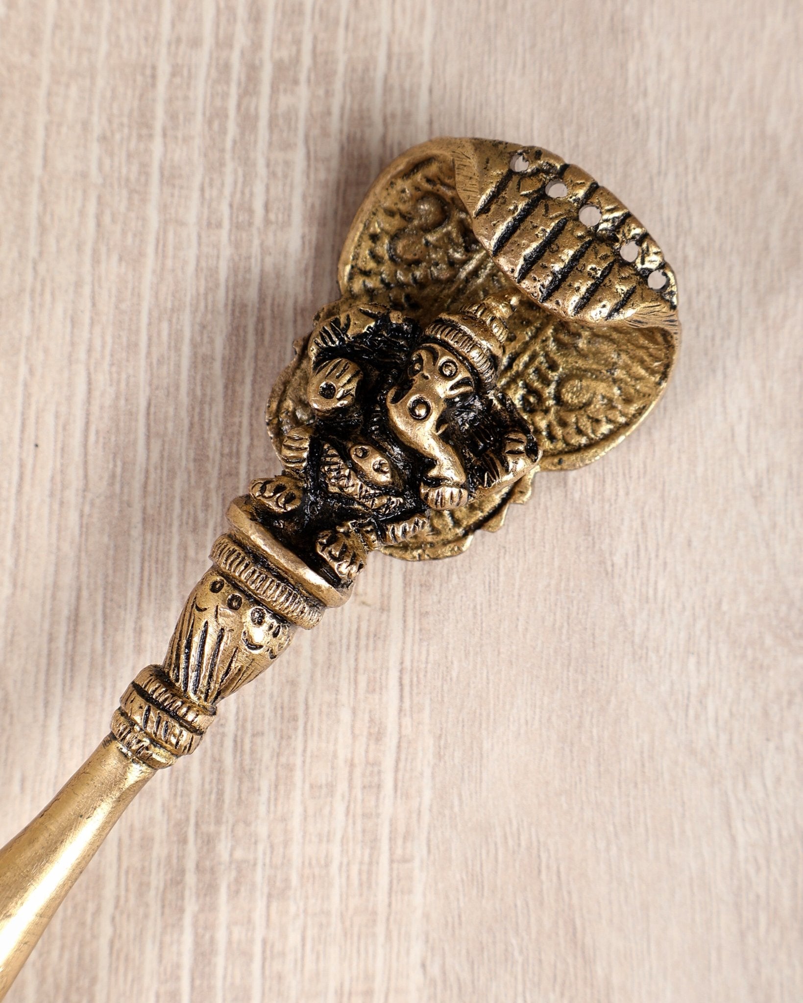 Brass Small Ganesha with Sheshanaag Design Hawan Spoon – Sruva Offering Ladle for Yagya (6 Inches) - Budhshiv.com