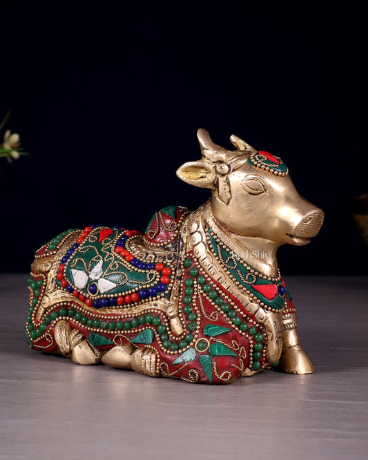 Brass Small Nandi Idol with floral Stonework | 6" - Budhshiv.com