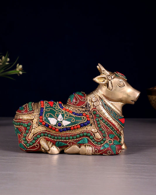 Brass Small Nandi Idol with floral Stonework | 6" - Budhshiv.com