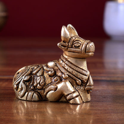 Brass Small Nandi Statue – Mini Devotional Sculpture 2 inch - Budhshiv.com
