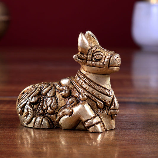 Brass Small Nandi Statue – Mini Devotional Sculpture 2 inch - Budhshiv.com