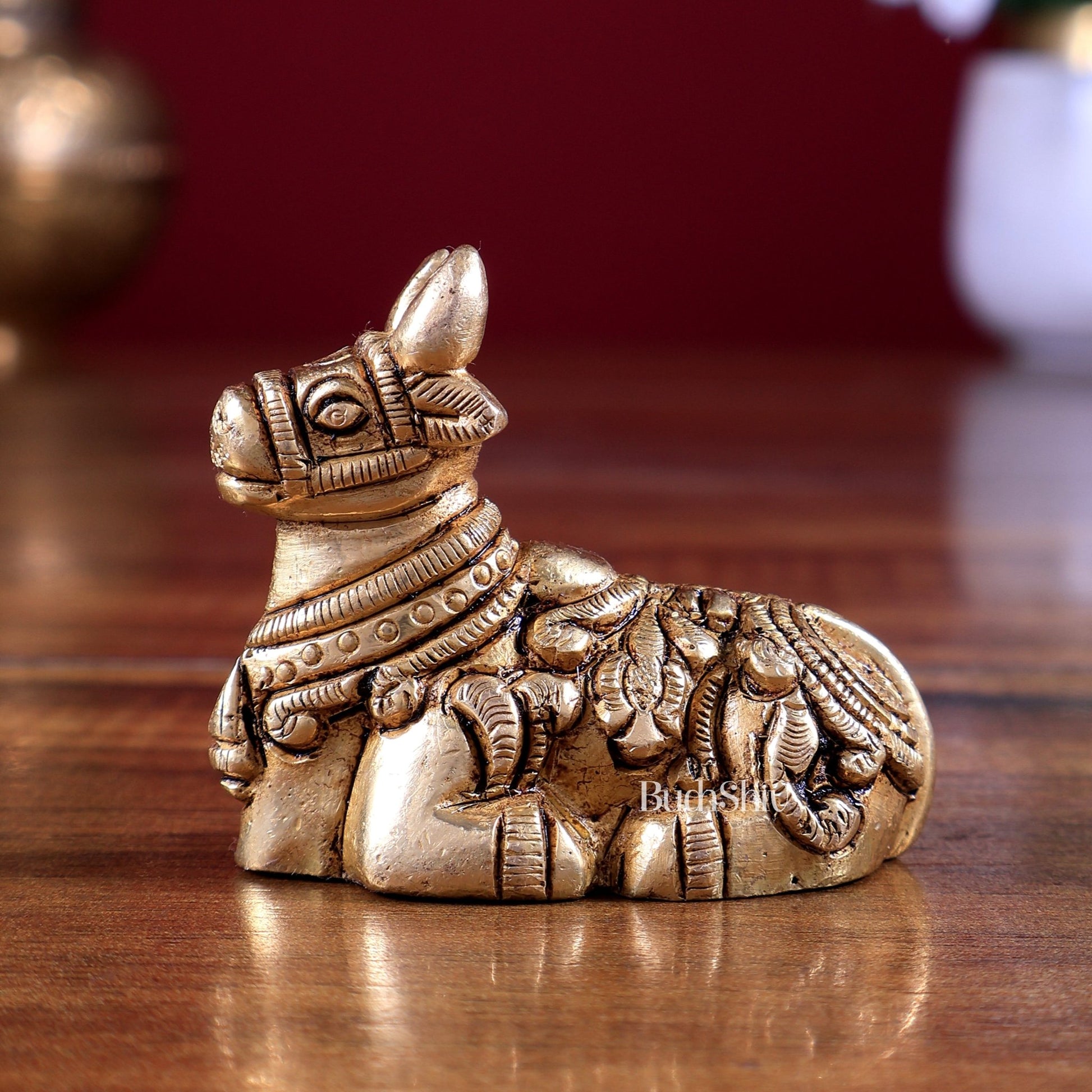 Brass Small Nandi Statue – Mini Devotional Sculpture 2 inch - Budhshiv.com