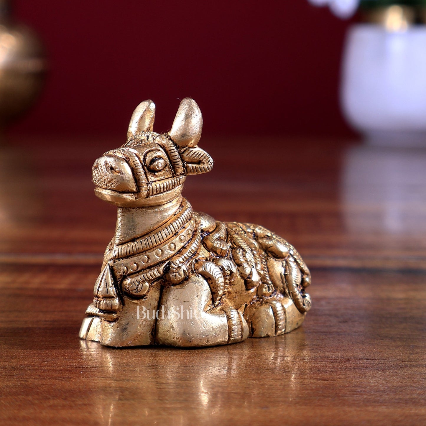Brass Small Nandi Statue – Mini Devotional Sculpture 2 inch - Budhshiv.com