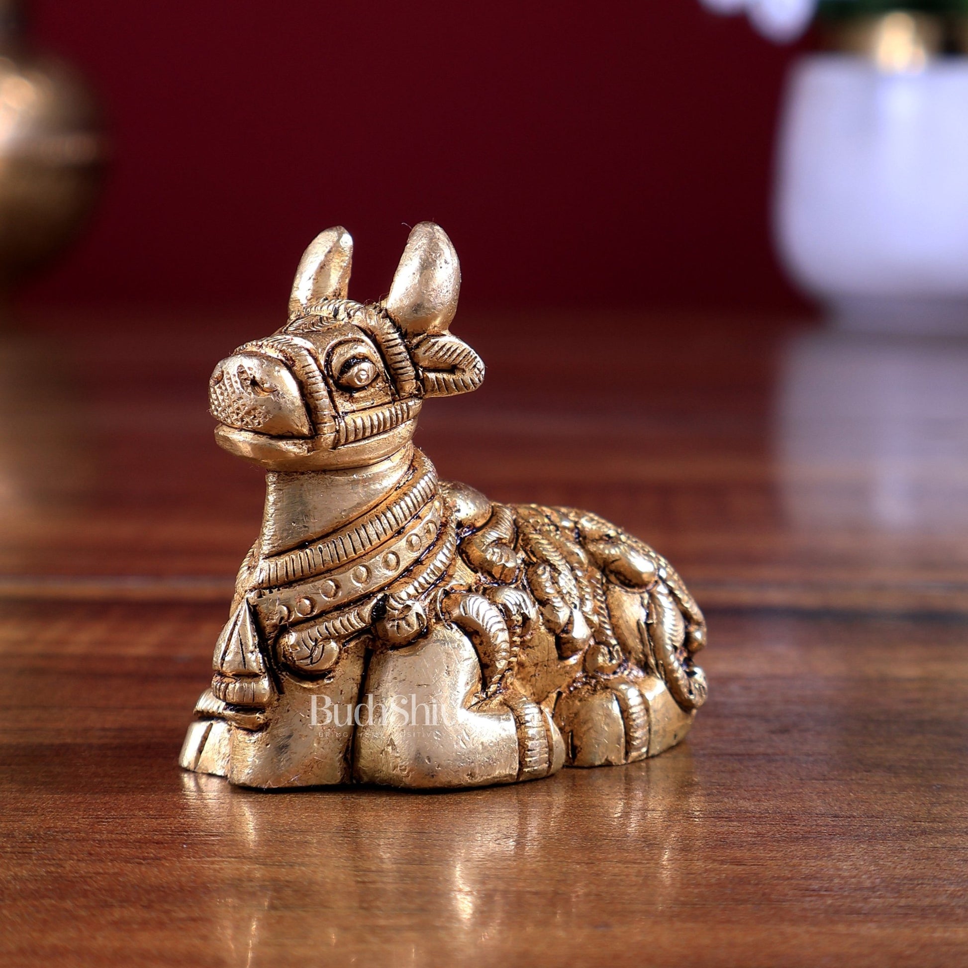 Brass Small Nandi Statue – Mini Devotional Sculpture 2 inch - Budhshiv.com