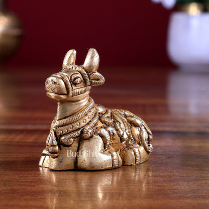 Brass Small Nandi Statue – Mini Devotional Sculpture 2 inch - Budhshiv.com